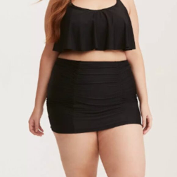 High-Rise Short Ruched Swim Skirt With Brief, BLACK - Picture 1 of 4